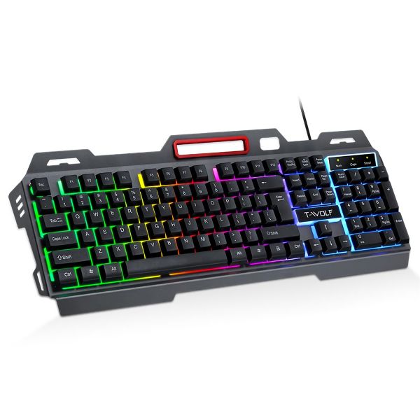 T-WOLF T16 RGB Gaming Keyboard USB Wired, Durable Mechanical-Feel Keys BLK