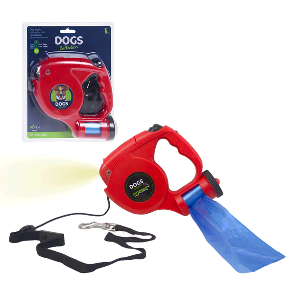 Retractable Dog Leash with LED Flashlight &amp; Doggy Bag Holder - 5 Meters