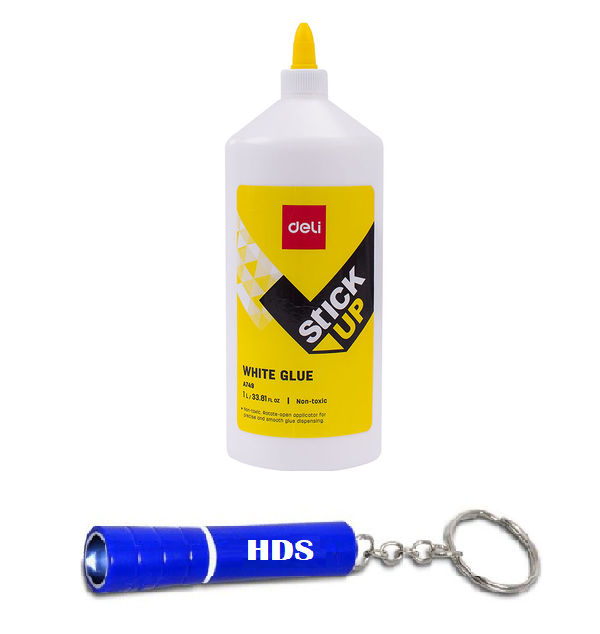 Deli Stick Up White Glue 1000ml with HDS Branded Keyring Torch Shop