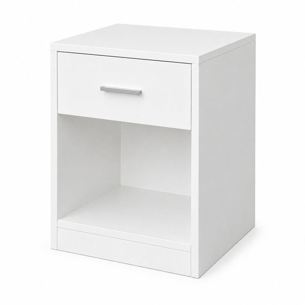 Compact White Nightstand with Drawer and Lower Open Shelf - Modern Bedside