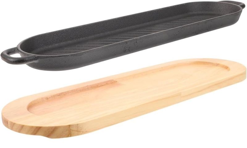 Cast Iron Non-Stick Sizzling Pan With Wooden Base