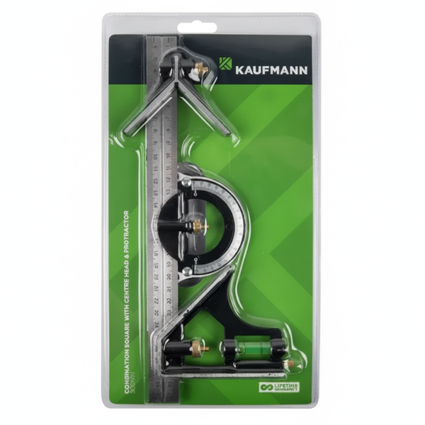 Kaufmann 300mm Square Combi Center &amp; Angle Ruler for Precise Measurements