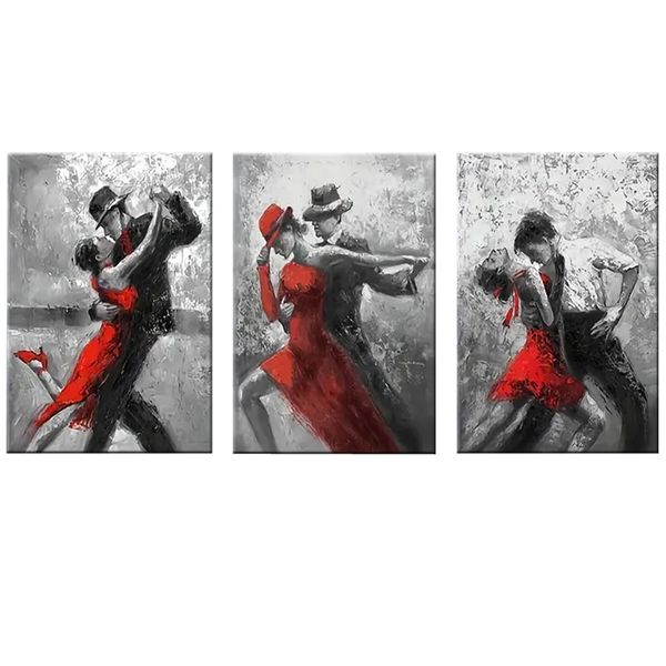 Canvas-Art-3 Pieces Black &amp; White Tango Dancer In Red Dress Wall Art
