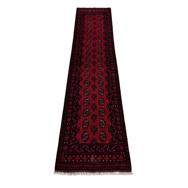 Hand Knotted Cherry Red Afghan Akche Runner Rug - 286 x 74cm