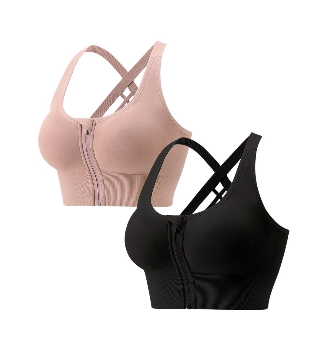 Women's Zip Front Closure Sport Bra - Medium Impact Workout - Running Bra - 2 pack