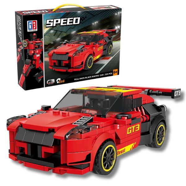 Building Block Speed Racing Car Set 2in1- 335pcs Red with Pullback action