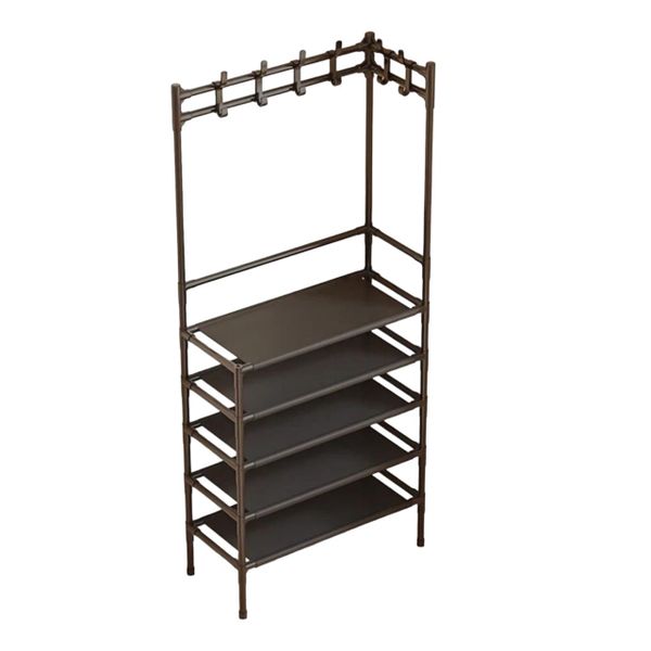 5 Layer Black Shoe Organizer Shelf Multipurpose Storage Rack with Hooks