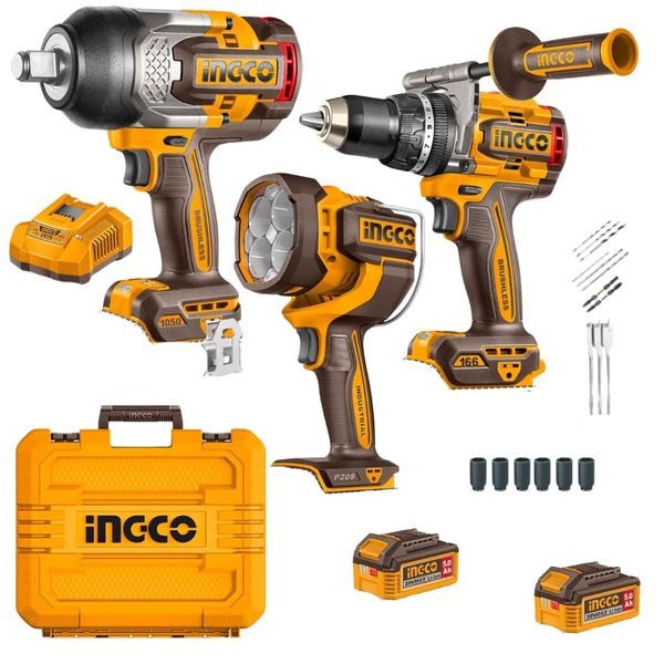 Ingco - Cordless Impact Drill, Impact Wrench and Work Lamp Combo Kit