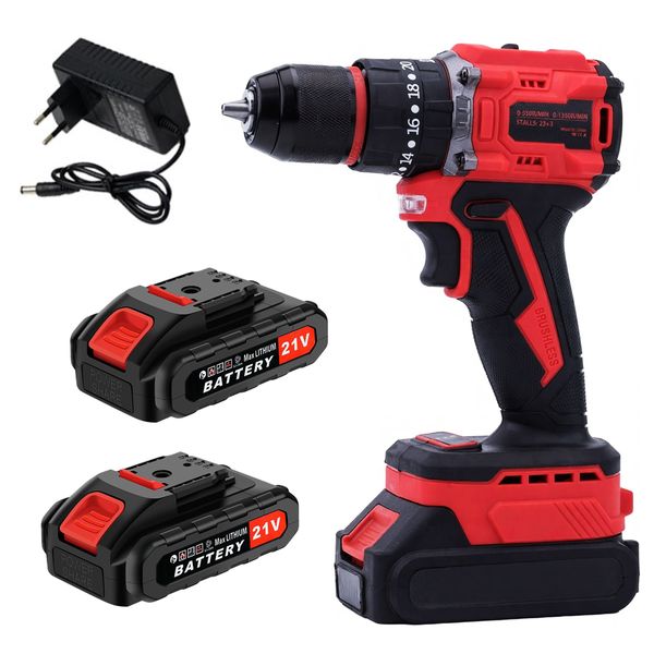 21V Brushless Cordless Red Drill Driver 75Nm with 21 Clutch &amp; 2 Batteries