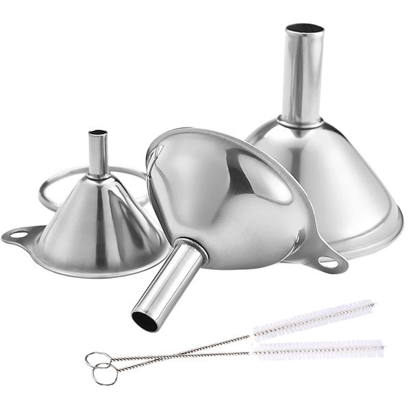 3-in-1 Stainless Steel Funnel Set and 2 Cleaning Brushes for Kitchen Use