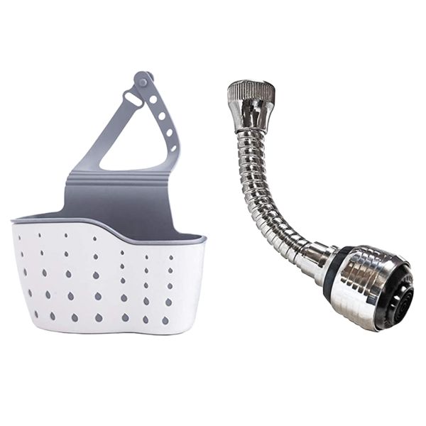 Kitchen Sink Shelf Soap Sponge Drain Rack + Flexible Faucet Sprayer