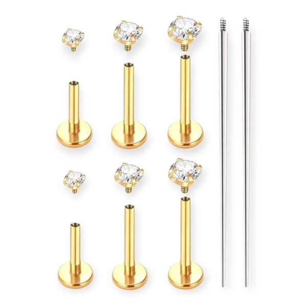 16G Gold Labret Stud Set - 8 Piece Surgical Steel Internally Threaded