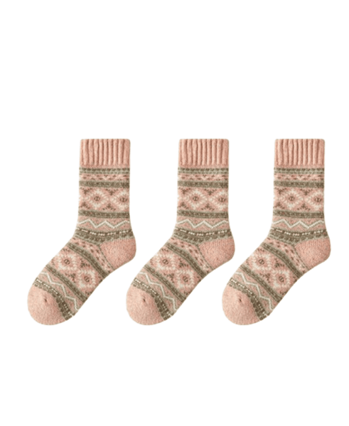 3 Pairs Thick Alpine Rose Fair Isle Socks, One Sze