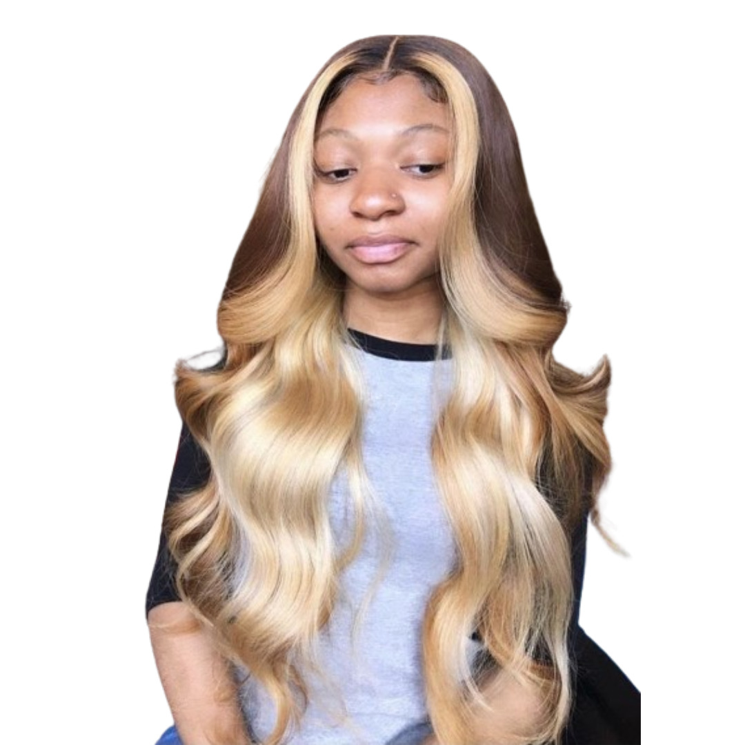 28 Inch Lace Front Highlight Wig Dark Brown and Blonde Synthetic Hair