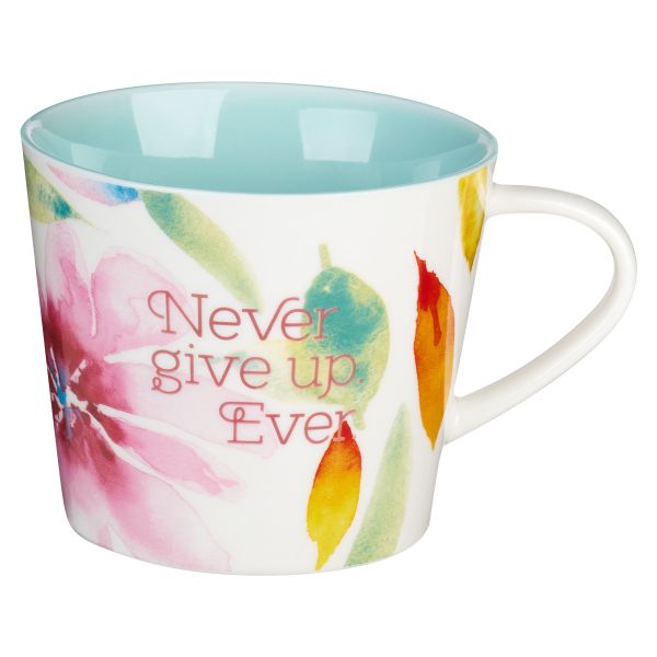 Mug - Never Give Up Ever, Pink Daisies