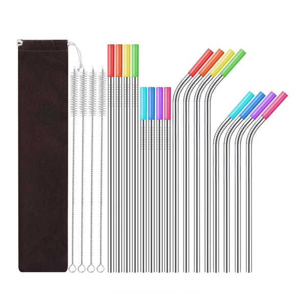 36 Piece Reusable Stainless Steel Straws with Silicone Tips &amp; Brushes