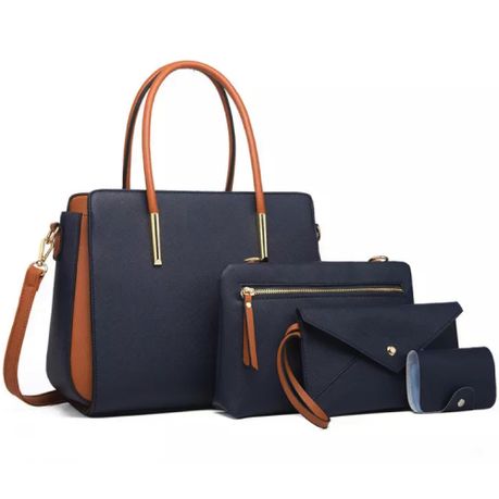 FCG 4 Piece Navy Toffee Brown Faux Leather Ladies Handbag Set