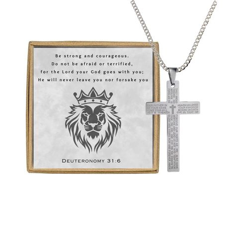 Mens Silver Stainless Steel Lord's Prayer Necklace, Card and Gift Box Set Image