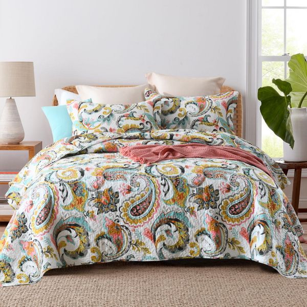 Luxurious Patchwork Bedspread 100% Cotton Quilted Embroidered-SeasonWhite