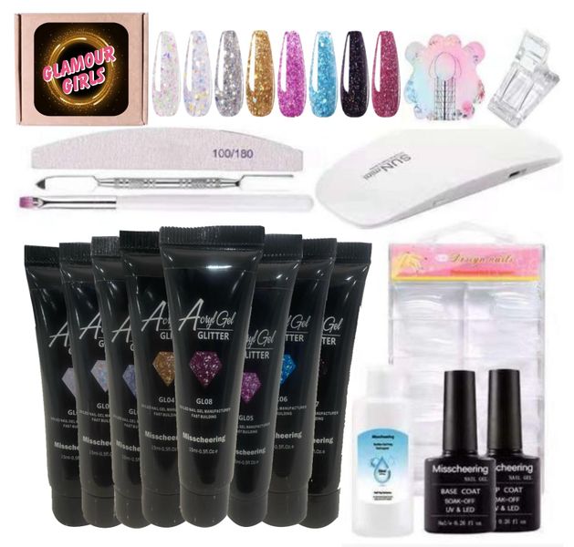 Acrylgel Complete Polygel 8 Colour gillter set with 6W Nail Lamp