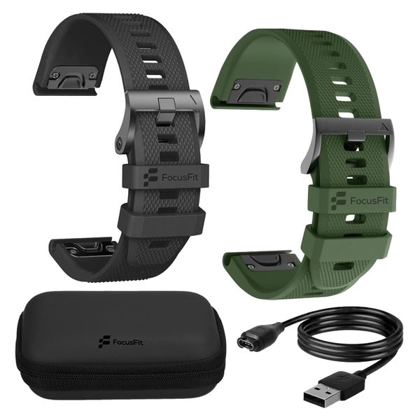 FocusFit Garmin Fenix 7X/6X/5X 26mm Quick Release Silicone Straps + Charger
