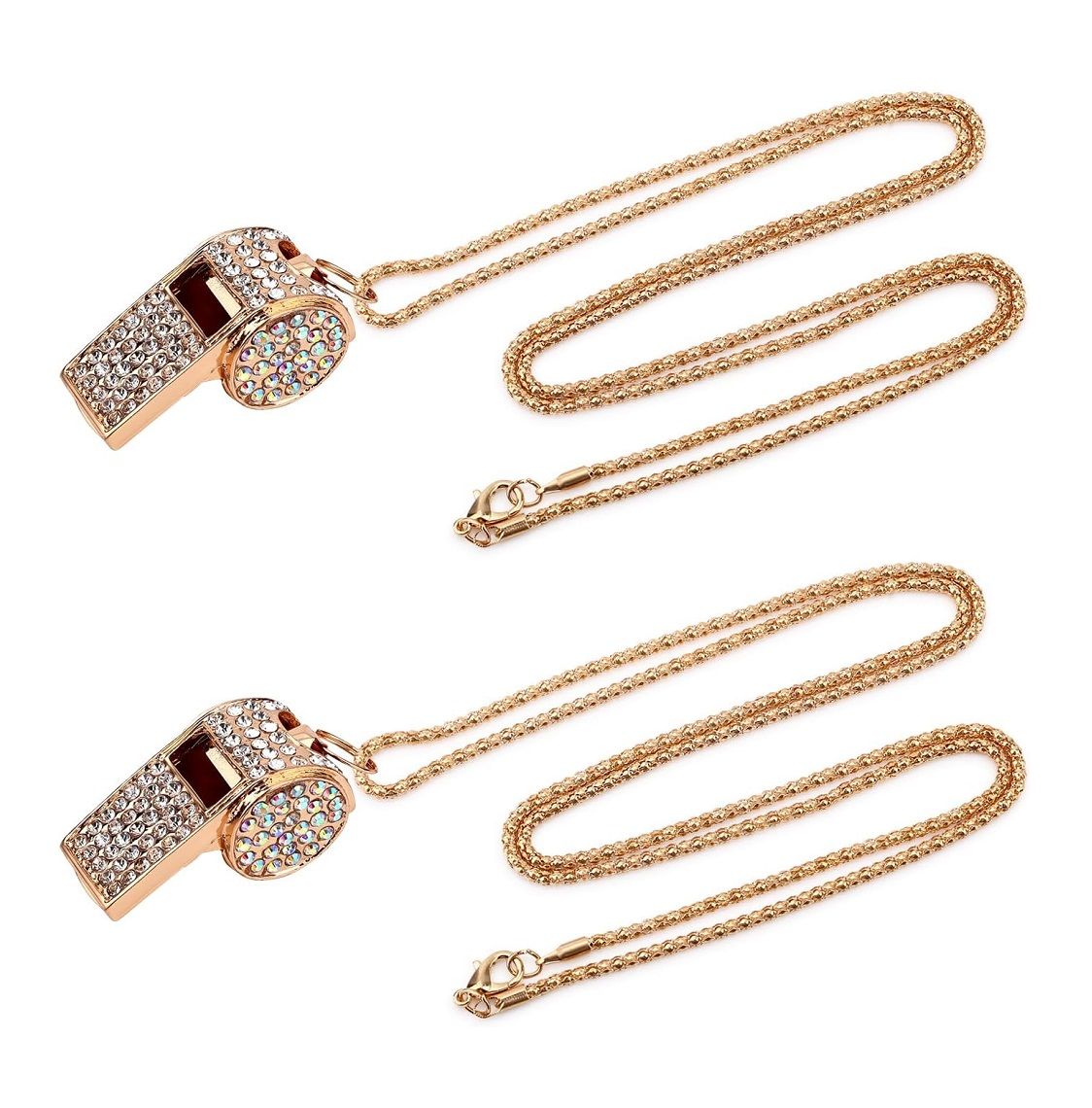 2 Pcs Gold Metal Crystal Rhinestone Whistles with Golden Chain for Referees