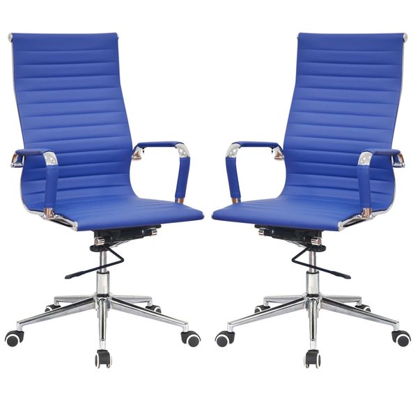 Ribbed PU Leather High Back Office Chair-Set of 2-Blue