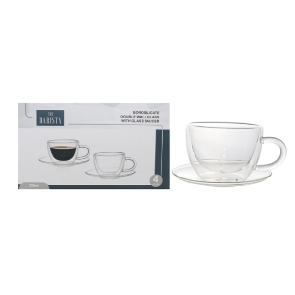 The Barista Double Wall Borosilicate 220ml Teacup &amp; Saucer Glasses - 2 Pack