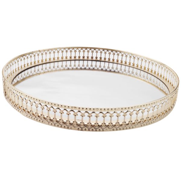 Golden Iron Jewelry Storage Glass Mirror Makeup Display Tray 25Cm