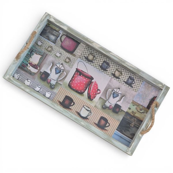 Vintage Kitchen Collage Wooden Tray with Rope Handles - 44cm Wide