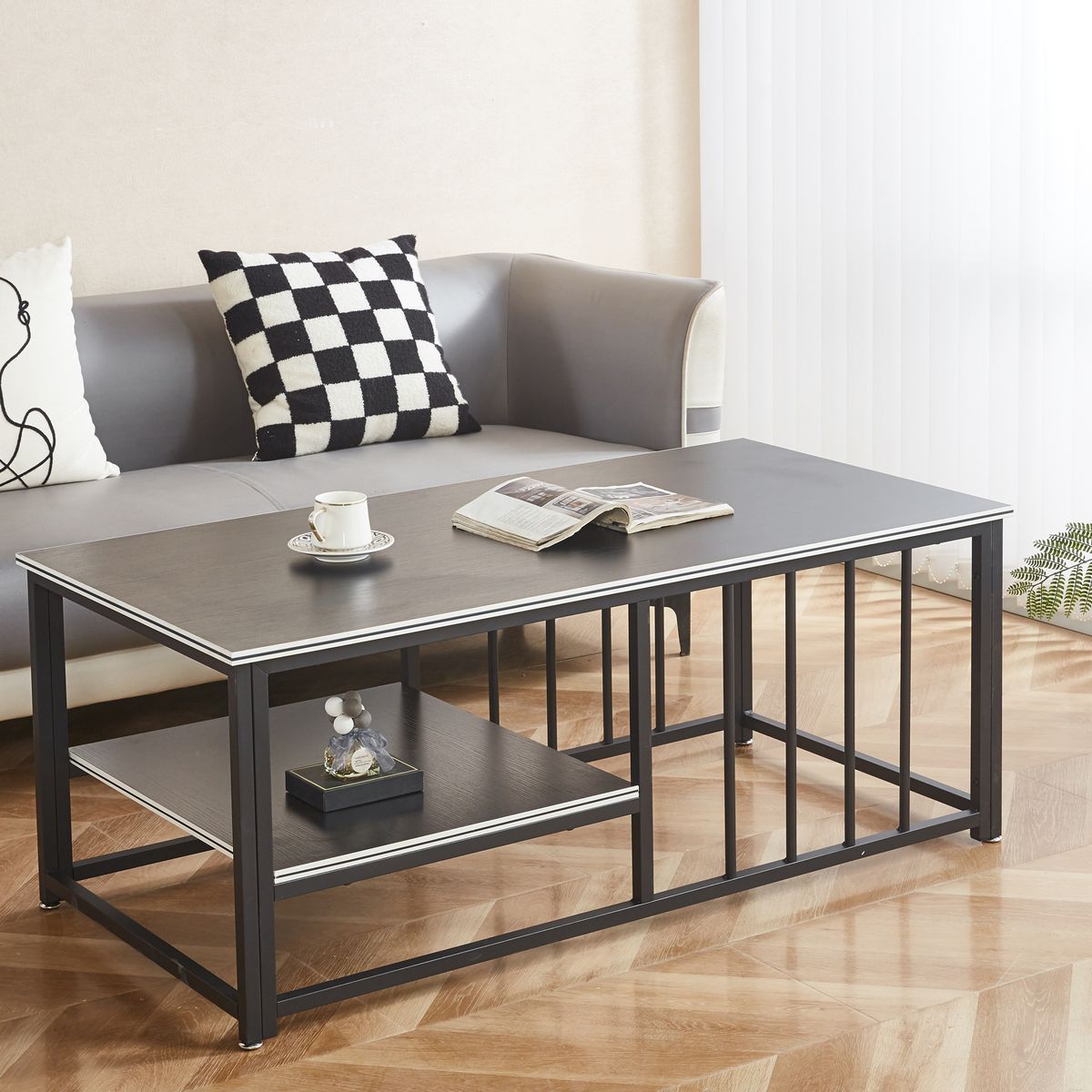 Coffee Table Living Room Center Table Rectangle Tea Table with Open Shelf