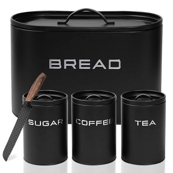 Set of 5 - Stylish Matte Mushroom Metal Kitchen Bread Bin with Canisters
