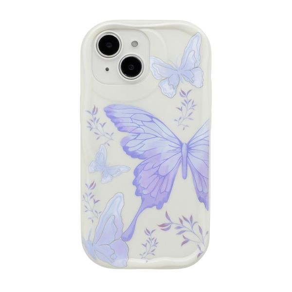 Cream Wavy Edge Case With Purple Butterflies - Compatible With iPhone
