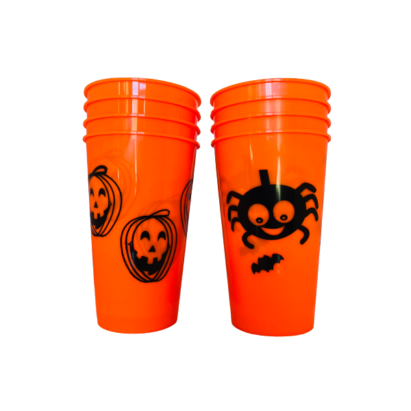 Spooky Halloween Plastic Tumblers-Bats, Spiders &amp; Pumpkin Cups - Set of 8