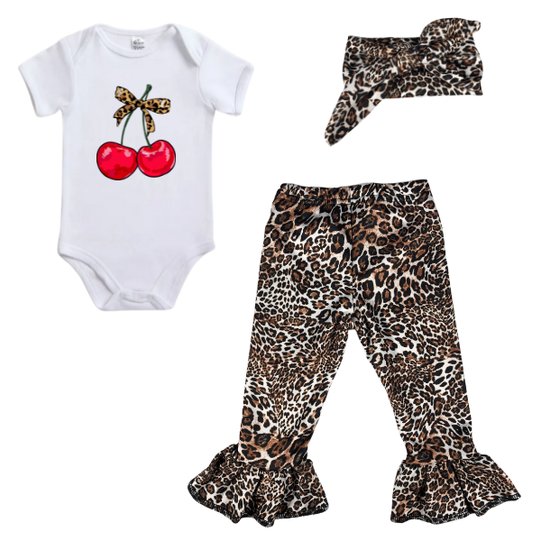 Baby Ruffle Flare Pants, Printed Vest &amp; Headband - Cherry Leopard Style!