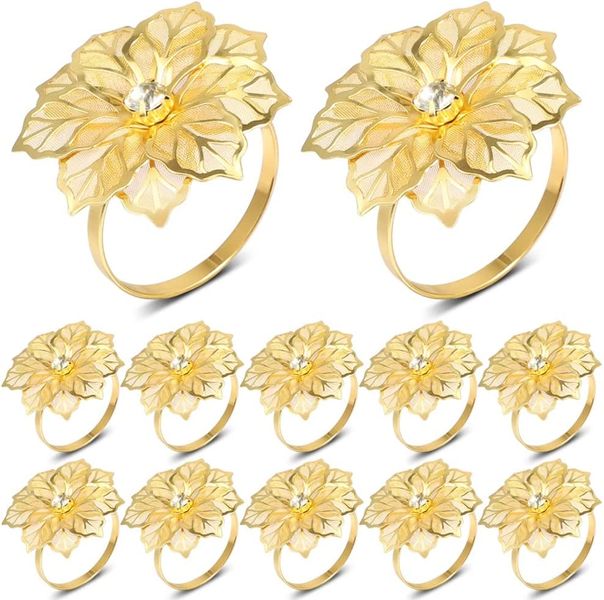 Flower Napkin Ring Table Deco for Christmas Event - Wedding - Gold 12-Piece