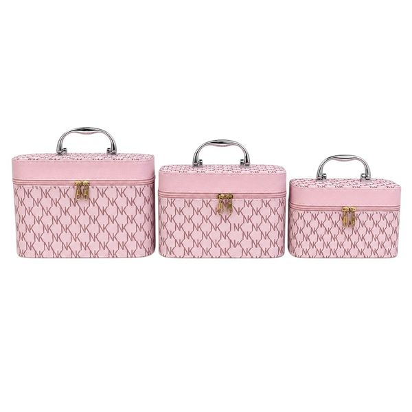 3 Pieces Large Capacity Pink Faux Leather Makeup Cosmetic Toiletry Bag Trio