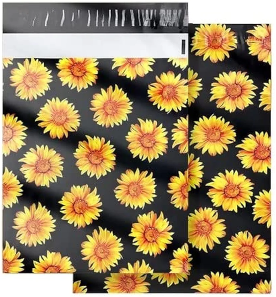100 Black with Sunflower Design Polymailers Packaging 25x33cm self-adhesive