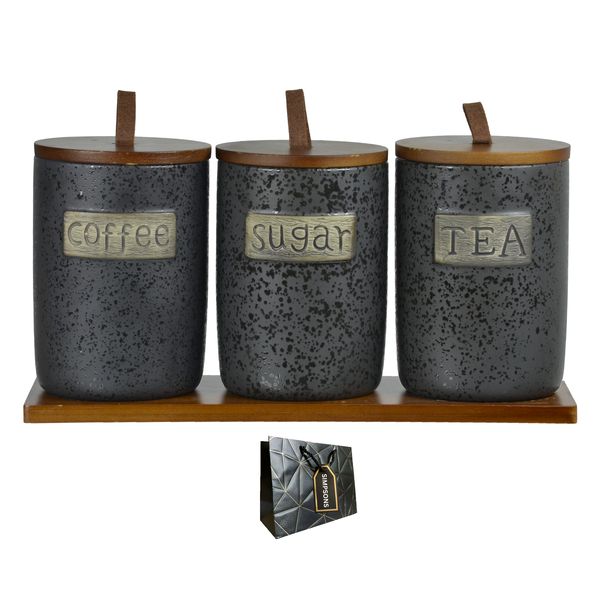 Coffee, Tea, Sugar - 3 Piece Canister Set With Stand + Luxury Simpsons Bag