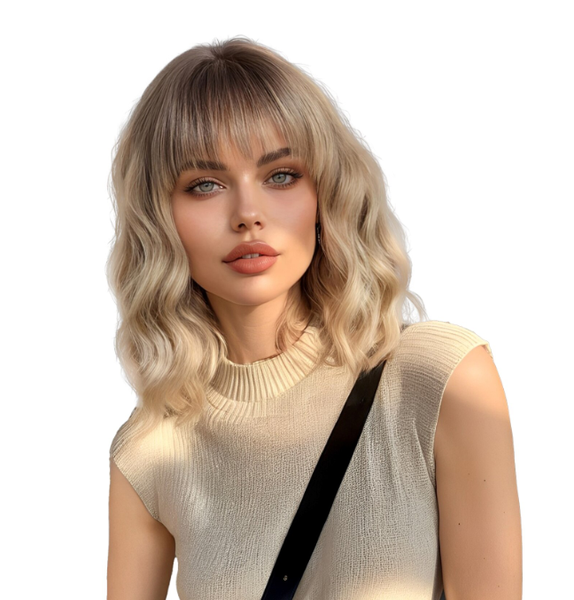 ABTOR Women's Wig, Wavy Bob Style, Golden Gradient, Dark Roots