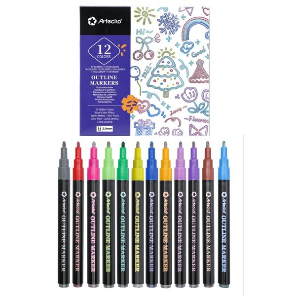 Artecho Dual-Colour Effect Metallic Outline Marker Set- 12 Glitter Colours