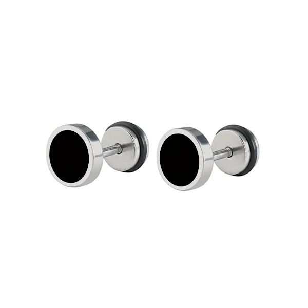 Round Oil Dip Style Stud Earrings - Black &amp; Silver