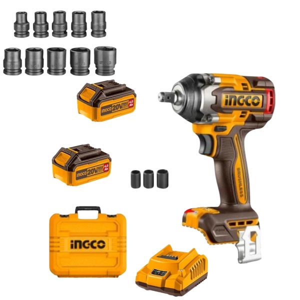 Ingco - Impact Wrench 500NM With Batteries, Charger &amp; 10Pce Socket Set