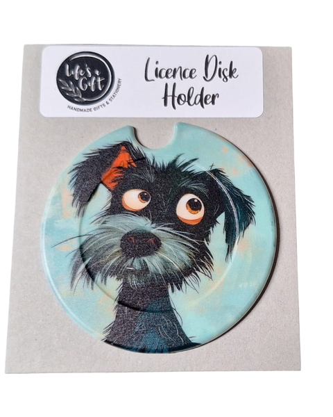 Licence Disk Holder - Red Bow Black Dog Looking Away