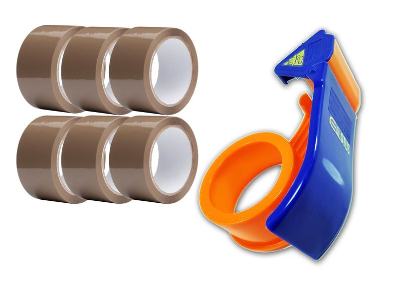Everlotus Tape Dispenser Cutter and Brown Tape 45mm x 50M (Pack of 6)