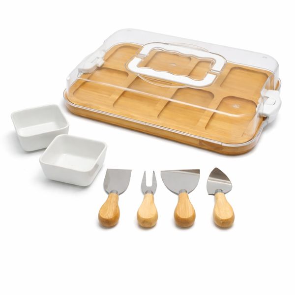Premium Bamboo Portable Charcuterie Board Set with Lid &amp; Cheese Knives