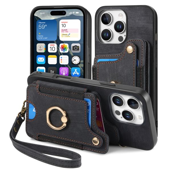Finger Ring Case Compatible With iPhone 16 Pro Max Leather Lanyard Cover