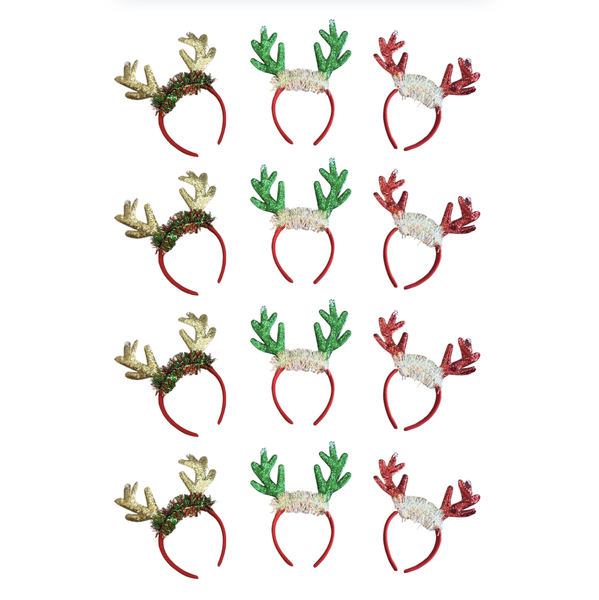 Pack of 12 Fun Christmas Headbands - Tinsel Reindeer