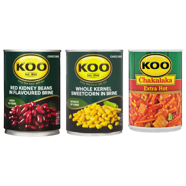 Koo Chakalaka Extra Hot + Koo Red Kidney Beans + Koo Kernel Sweetcorn