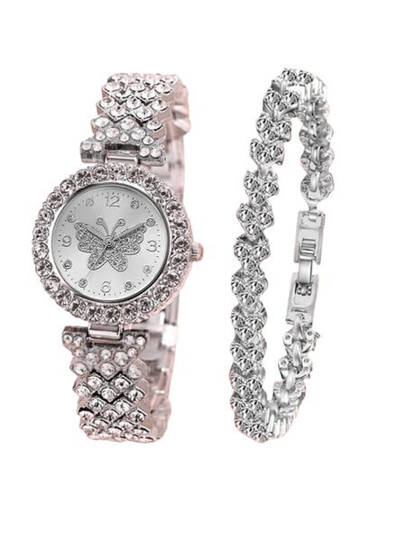 Watch and Bracelet Set Elegant Rhinestone Wrist Watch Bracelet